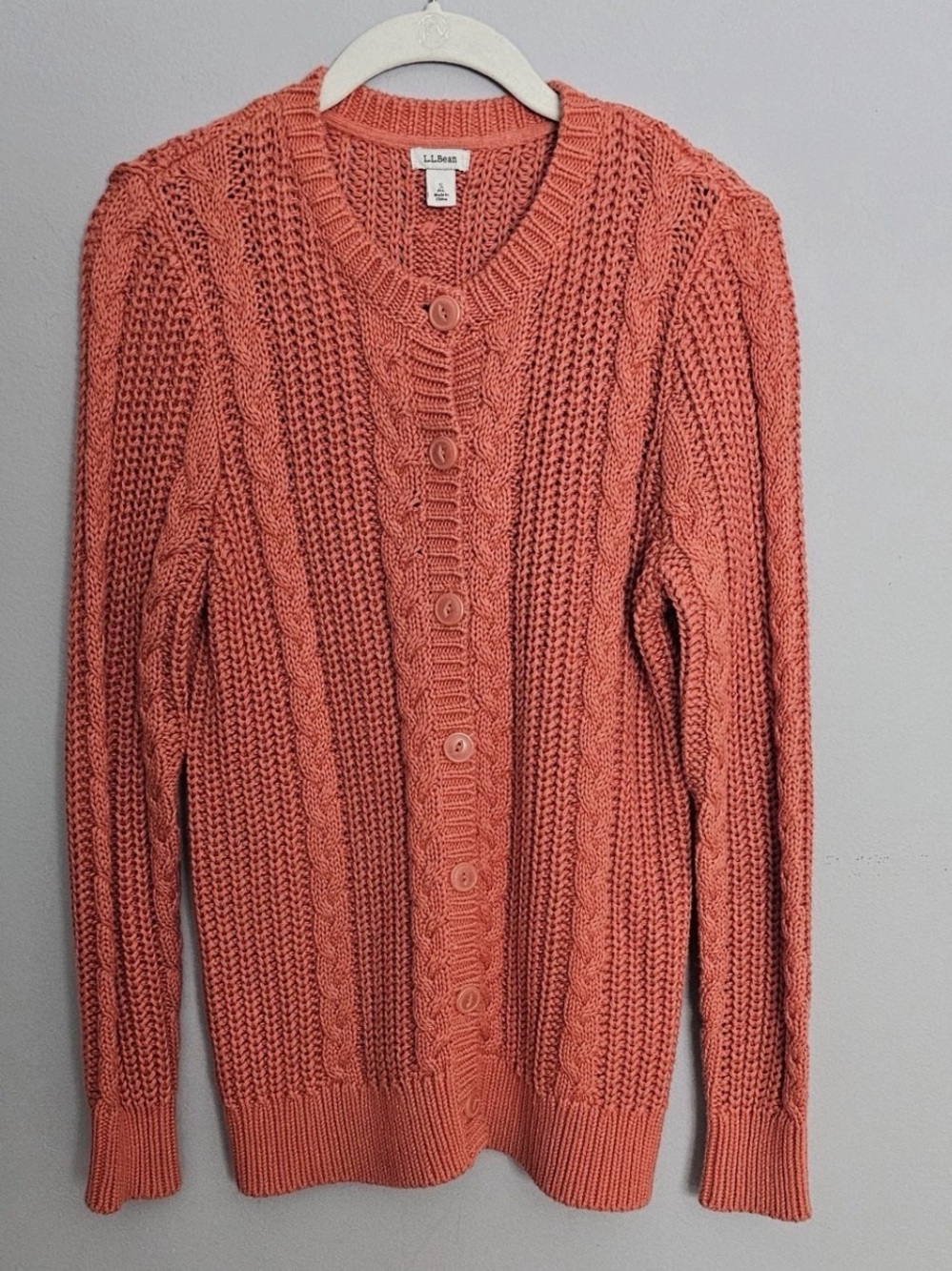 LL Bean Cable Knit Chunky Cardigan Sweater Size S Salmon Orange Cotton Coastal